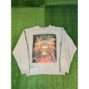 LRG Lifted Research Group Mens Heather Gray Lion Headdress Graphic Sweatshirt M